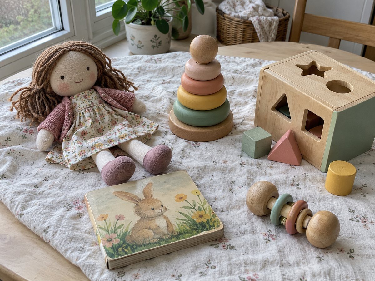 Подарки девочке 1-3 лет: мягкая тряпичная кукла, деревянная пирамидка, сортер, книжка-картонка и погремушка