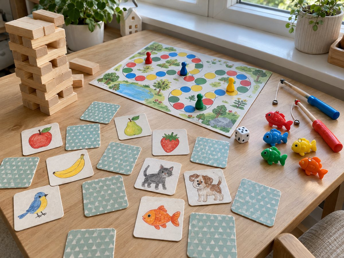 Настольные игры для мальчика 5 лет: карточки мемори, игровое поле с фишками и кубиком, башня из деревянных брусков и набор рыбалки с удочками и рыбками