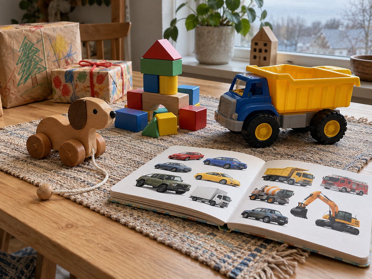 Подарки мальчику 1-3 лет: деревянная каталка на верёвочке, большие кубики, пластиковый самосвал и книжка-картонка с машинами