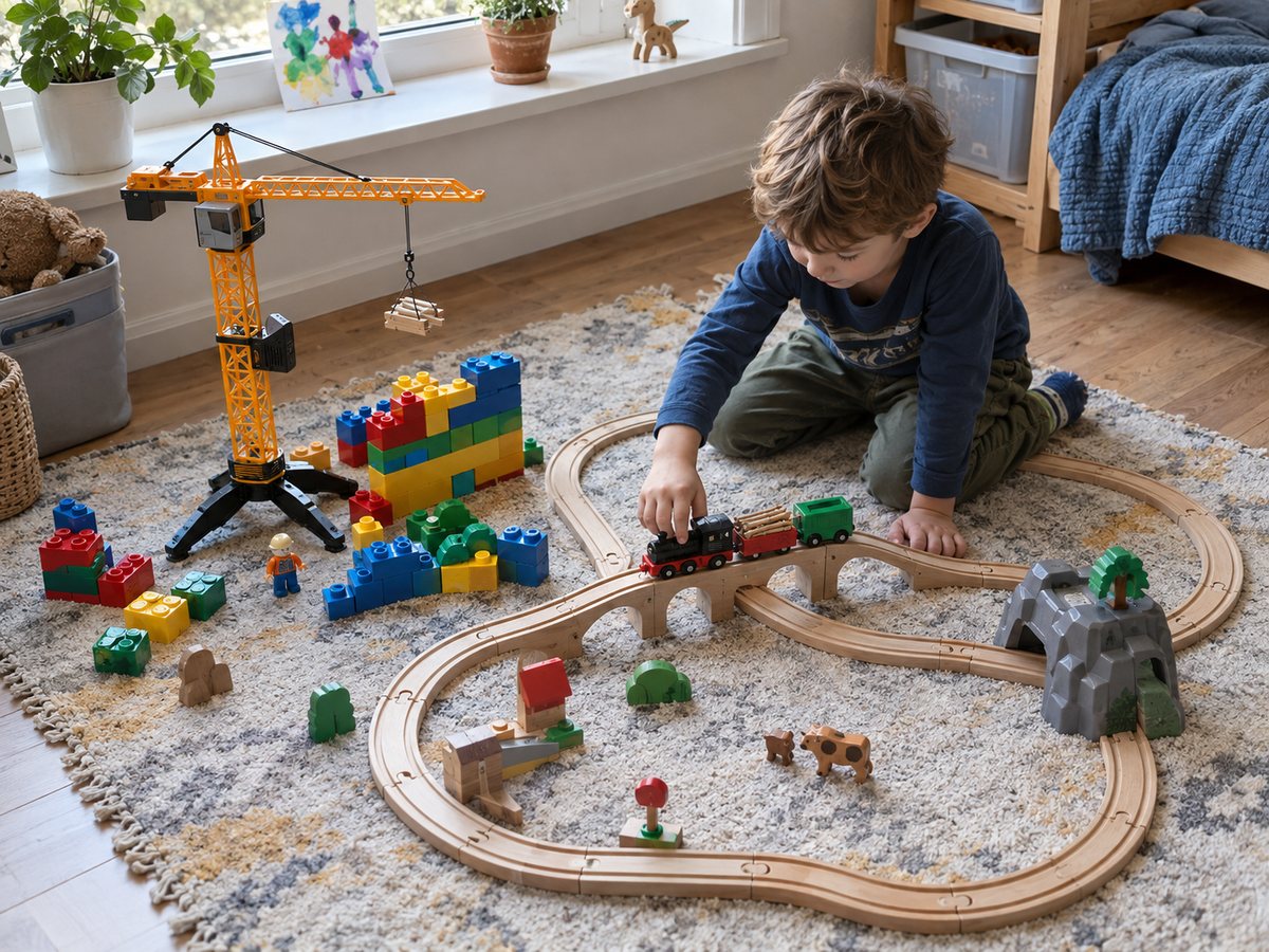 Подарки мальчику 4-6 лет: деревянная железная дорога с паровозиком, конструктор из крупных деталей и игрушечный подъёмный кран