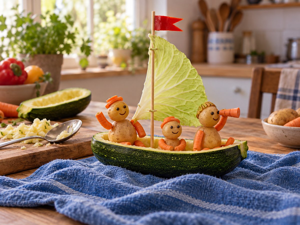 Кораблик из кабачка с парусом из капустного листа