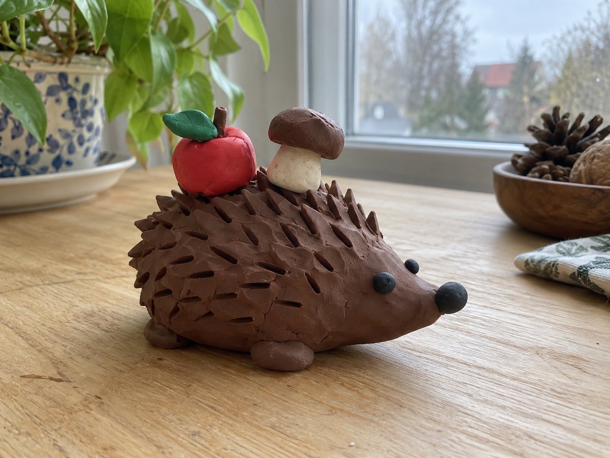 Ёжик из коричневого пластилина с иголками-насечками, яблоком и грибом на спине