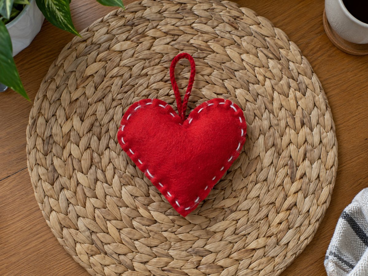 Сердце из красного фетра, сшитое крупными белыми стежками, с наполнителем внутри и петелькой